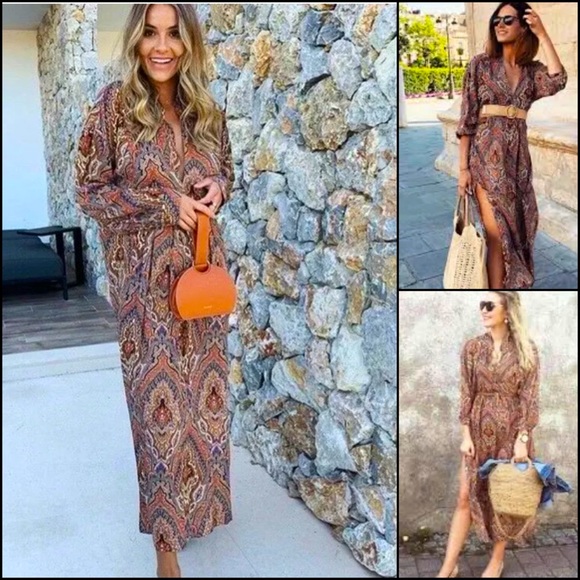 Zara Bohemian Print Side Slit V-Neck Maxi Dress Tunic - Picture 4 of 12